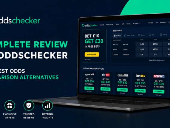 Promotional banner for OddsChecker showing a laptop and smartphone with the words ‘Complete Review of OddsChecker’ and feature icons at the bottom.