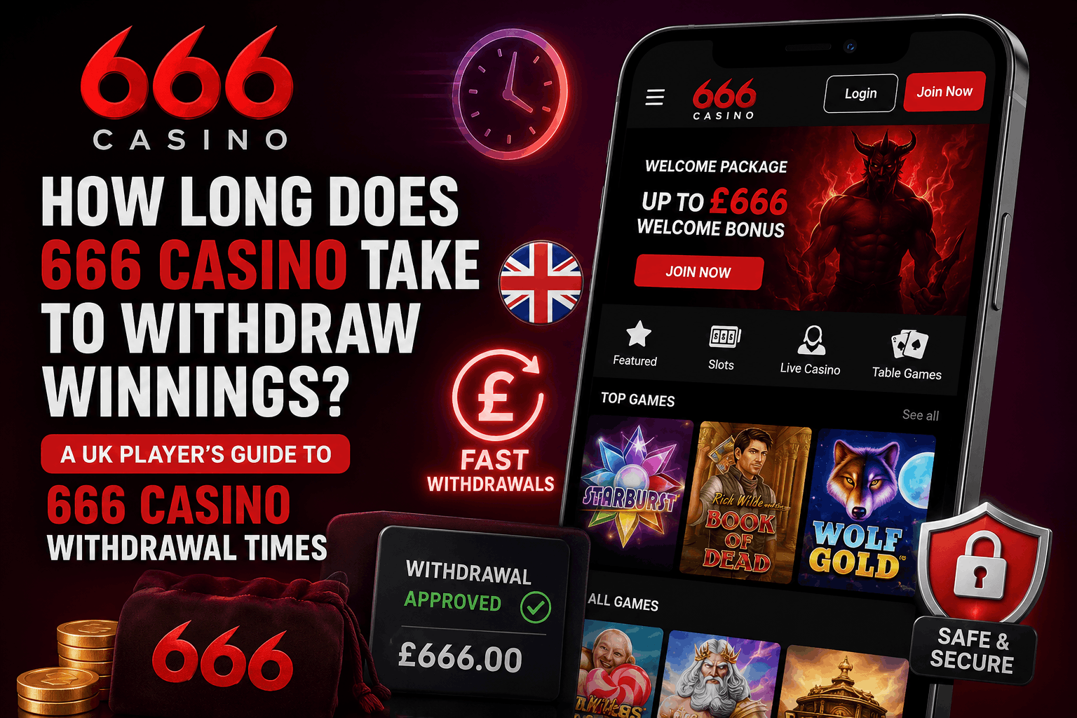 Promotional banner for 666 Casino highlighting welcome bonus, fast withdrawals, and UK guide; shows a mobile app and Join Now button.